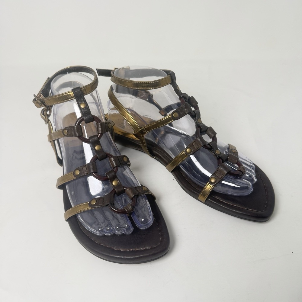 Stuart Weitzman Gladiator Geometric Strap Flat Sandals Women's Gold & Brown 8.5M